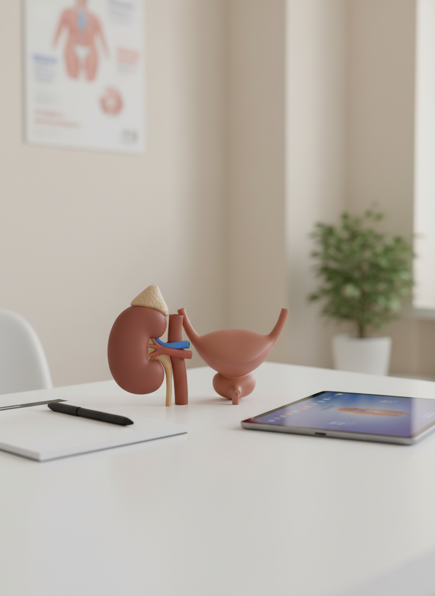 A close-up, photographic realistic view of a clean white desk prepared for a urology patient-information session, with no people present. At the center lies a smooth, matte-finish 3D anatomical kidney model in muted reds and browns, simplified and non-graphic, beside a matching bladder model with clearly defined yet non-detailed structures. Around them are a pen, a blank notepad, and a closed tablet computer showing only a soft blue home screen. Soft studio lighting from the left creates gentle shadows and highlights the textures without harsh contrast. The background is a softly blurred clinical interior with neutral tones. Shot from a slightly elevated angle with shallow depth of field, the mood is calm, educational, and professional, suitable for evidence-based urology explanations in Turkish patient guides.
