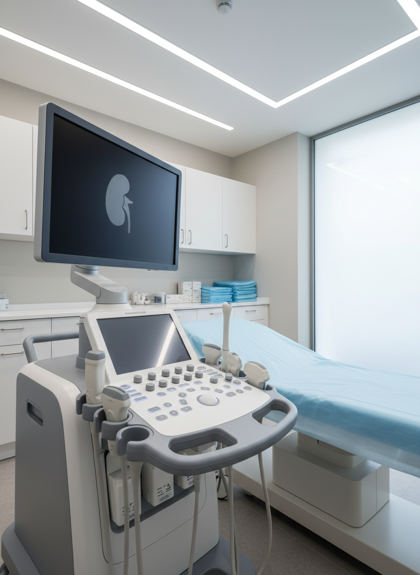 A high-tech urology diagnostic setting without people, focusing on a modern ultrasound machine in a spotless examination room. The ultrasound console with its clean white and gray plastic housing, neatly arranged probes, and softly glowing control panel sits beside a padded examination couch with pale blue covering. On the monitor, a simplified, abstract grayscale image suggests a kidney outline without any graphic detail. Overhead LED lighting and a large frosted window provide bright, even illumination, eliminating harsh shadows. Photographic realism, shot from a slightly low, three-quarter angle to emphasize the equipment’s sophistication. The background includes subtle details like wall-mounted storage and neatly organized disposable covers. The mood is highly professional, precise, and reassuring, conveying advanced, evidence-based diagnostic care in urology while fully preserving patient privacy.