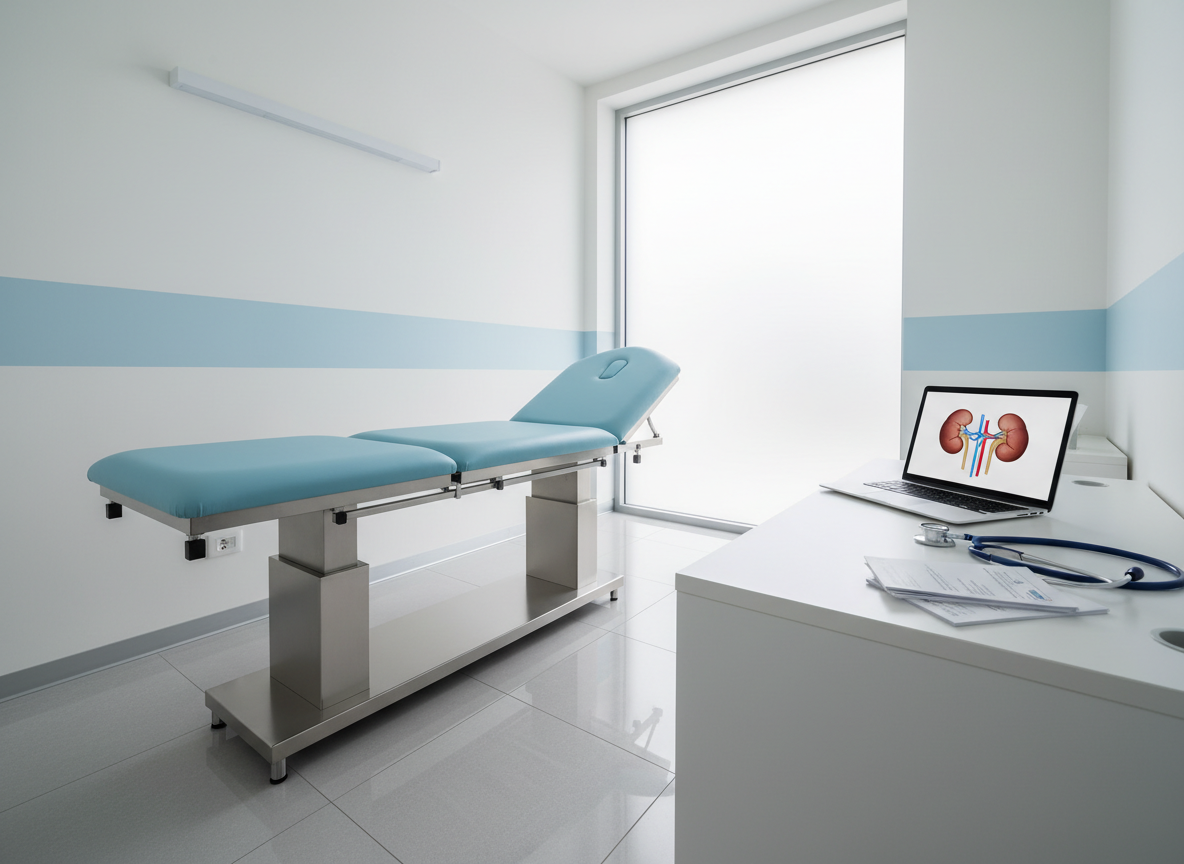 A modern urology consultation room without any people, featuring a sleek examination table with light blue upholstery and stainless-steel base as the main subject. On the adjacent white desk, an open laptop displays a simplified, non-graphic kidney diagram, alongside a stethoscope and neatly stacked patient information leaflets with no readable text. The room is bright and airy, with soft daylight entering through a frosted glass window to protect privacy, creating gentle reflections on the polished floor. Photographic realism, shot at eye level with a slightly wide angle, sharp focus throughout. The atmosphere is professional, calm, and reassuring, with clean white walls and subtle blue accents suggesting evidence-based medical care and trustworthy information on urology.