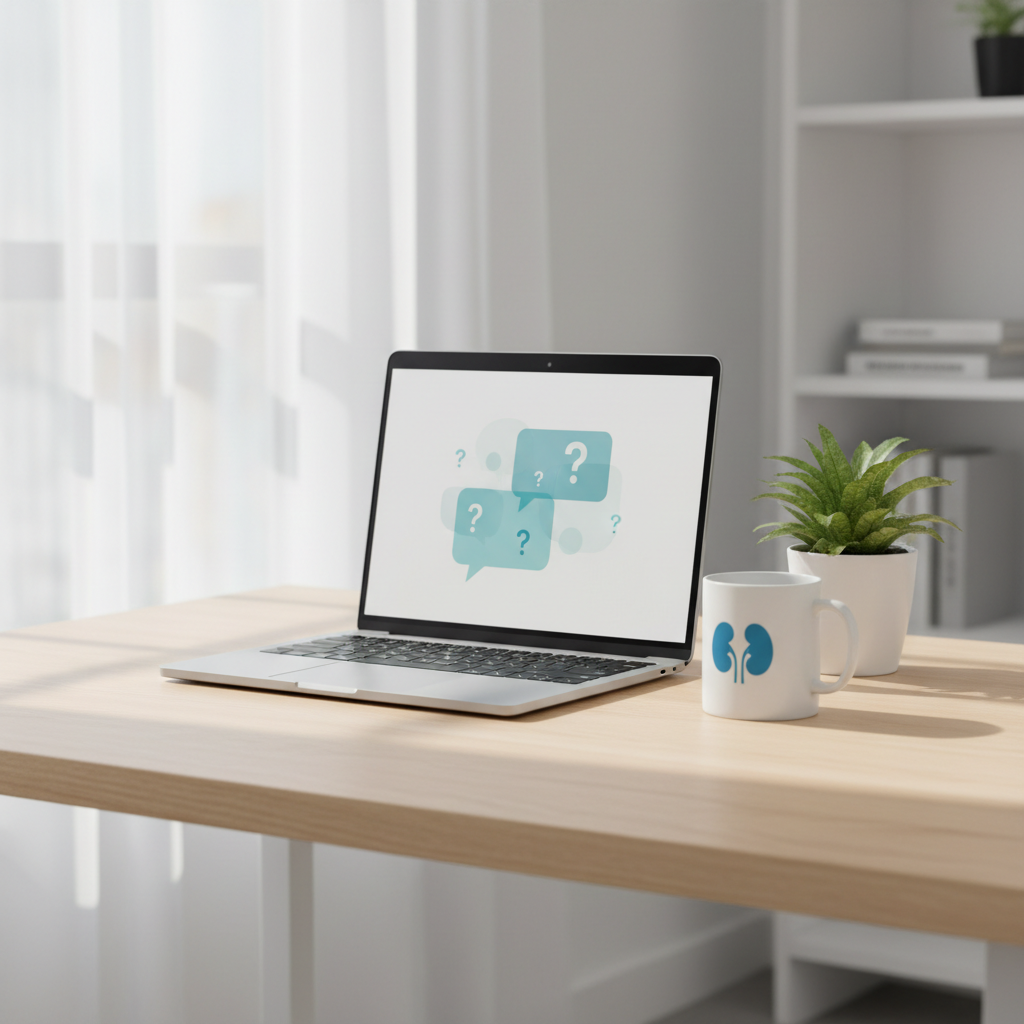 A bright, minimalist home workspace symbolizing an online question-and-answer platform for urology, with no humans visible. A slim, silver laptop sits open on a light wood desk, its screen showing an abstract interface of speech bubbles and question marks in soft blue and teal, with no readable text. Next to it, a simple kidney icon is printed on a white ceramic mug, and a small green plant in a white pot adds warmth. Natural daylight from a nearby window bathes the scene in soft, diffused light, creating gentle shadows and a welcoming atmosphere. Photographic realism, captured from an eye-level, three-quarter angle with moderate depth of field. The composition feels organized, trustworthy, and approachable, reflecting a professional urologist answering patient questions online while respecting privacy.